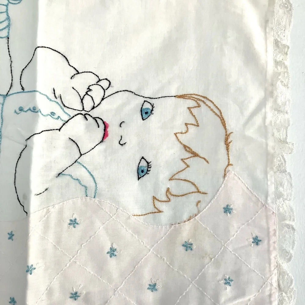 Vintage 20’s sheer cotton embroidered baby pillowcase lace trim